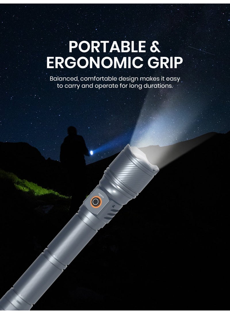 أوجيرا كشاف LED قابل لإعادة الشحن | كشاف تكتيكي فائق السطوع | سطوع عالي | بطارية 2SC قابلة لإعادة الشحن طويلة العمر | صغير ومتين | مقاوم للماء | مثالي للتخييم والمشي وحالات الطوارئ | ضمان سنتين | OG1007SL | فضي - Image 1